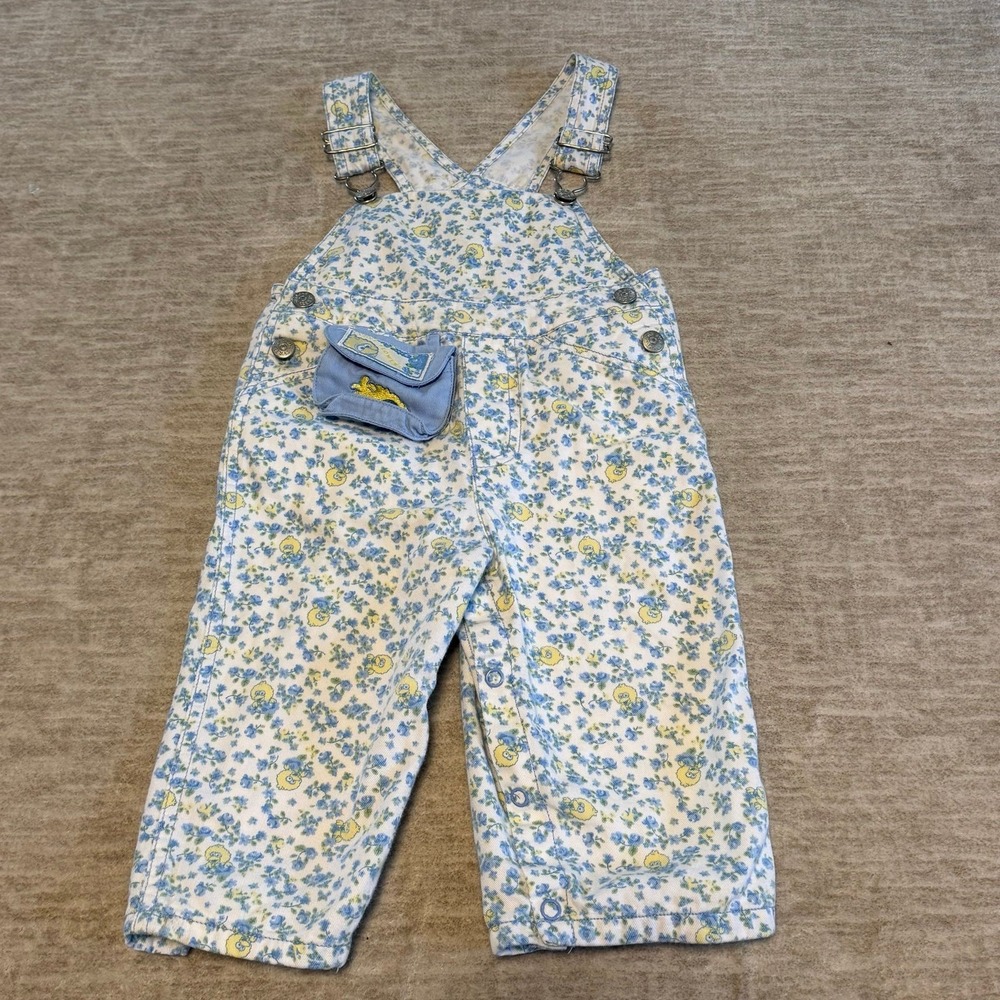 Vintage Sesame Street Big‎ Bird Floral Overalls 18M Baby Toddler AOP